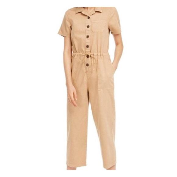 OAT New York Women SS Utility Jumpsuit Sz M Dusty Peach Cotton Tie Waist